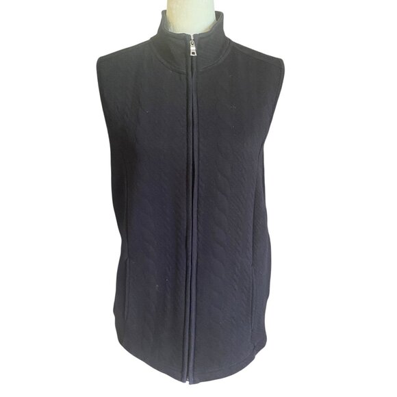 Women's black sleeveless soft stretchy zip up vest with mock collar and pockets - Picture 1 of 5